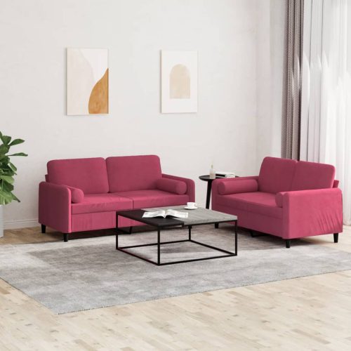 2-dijelni set sofa s jastucima crvena boja vina baršunasti