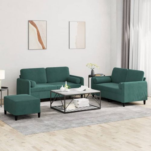 3-dijelni set sofa s jastucima tamnozeleni baršunasti