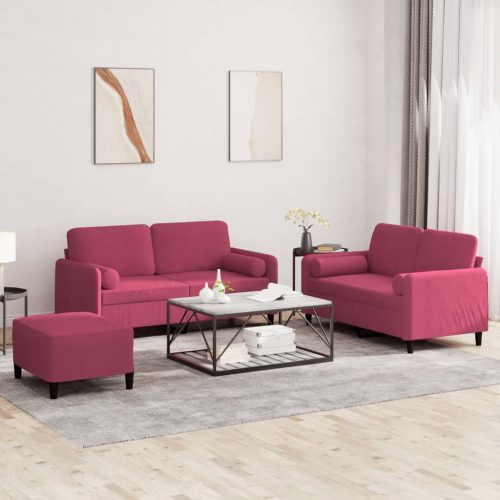 3-dijelni set sofa s jastucima crvena boja vina baršunasti