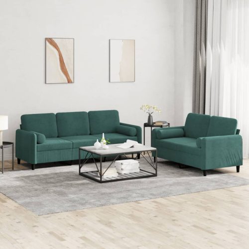 2-dijelni set sofa s jastucima tamnozeleni baršunasti