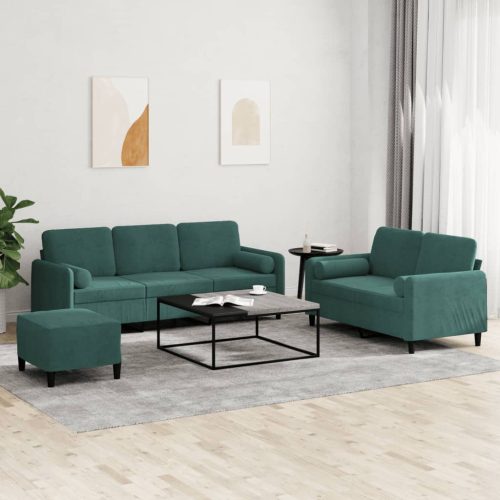 3-dijelni set sofa s jastucima tamnozeleni baršunasti