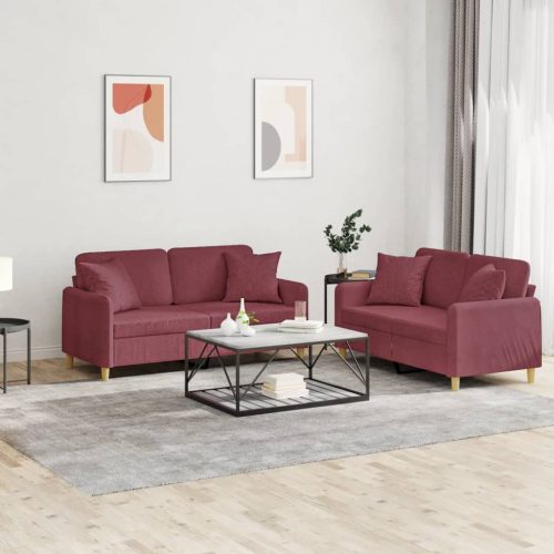 2-dijelni set sofa s jastucima crvena boja vina od tkanine