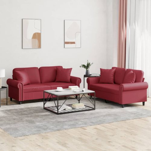 2-dijelni set sofa s jastucima boja vina od umjetne kože