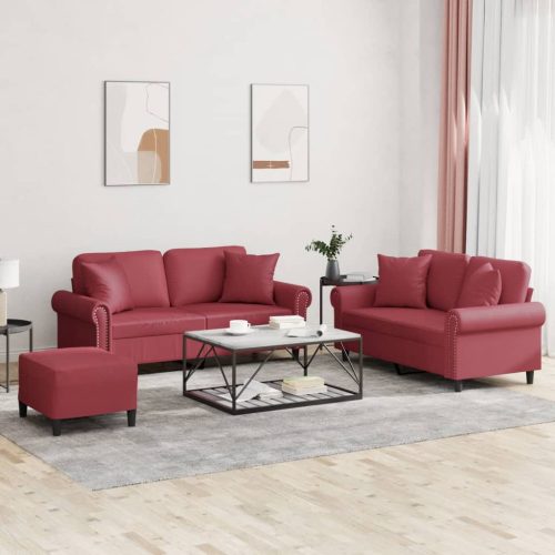 3-dijelni set sofa s jastucima boja vina od umjetne kože