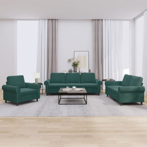 3-dijelni set sofa s jastucima tamnozeleni baršunasti