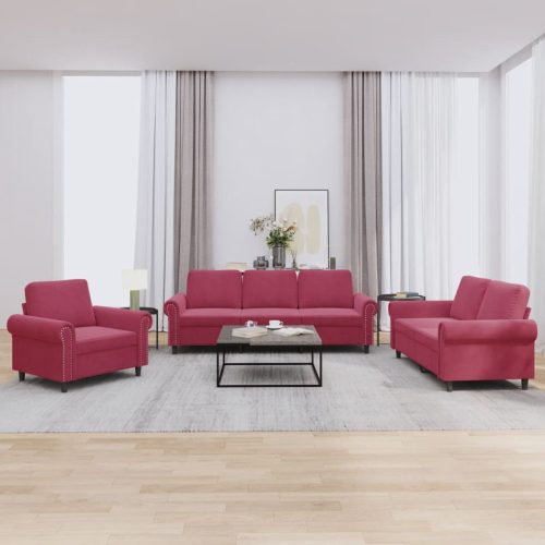 3-dijelni set sofa s jastucima crvena boja vina baršunasti