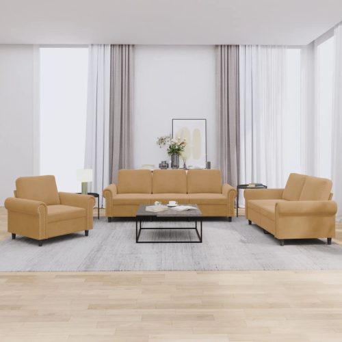 3-dijelni set sofa s jastucima smeđi baršunasti