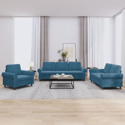 3-dijelni set sofa s jastucima plavi baršunasti