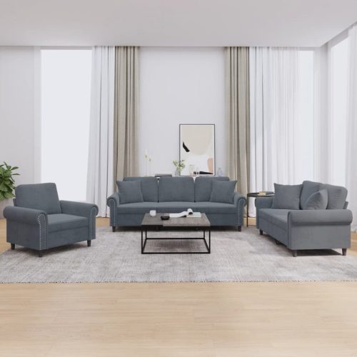 3-dijelni set sofa s jastucima tamnosivi baršunasti