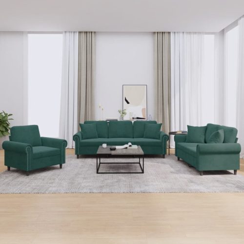 3-dijelni set sofa s jastucima tamnozeleni baršunasti