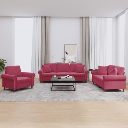 3-dijelni set sofa s jastucima crvena boja vina baršunasti