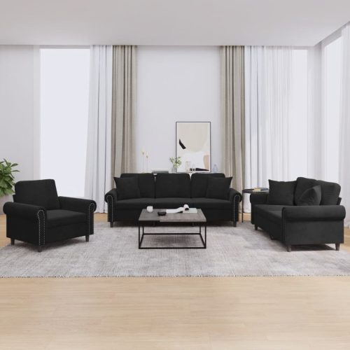 3-dijelni set sofa s jastucima crni baršunasti