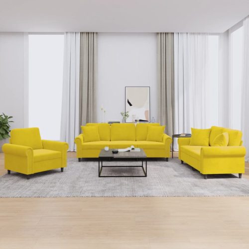 3-dijelni set sofa s jastucima žuti baršunasti