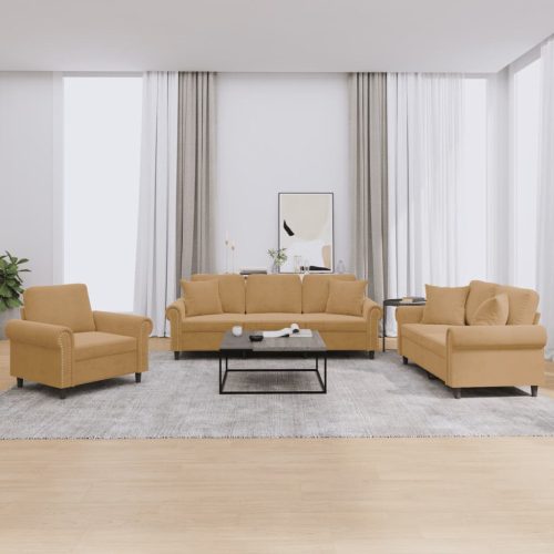 3-dijelni set sofa s jastucima smeđi baršunasti