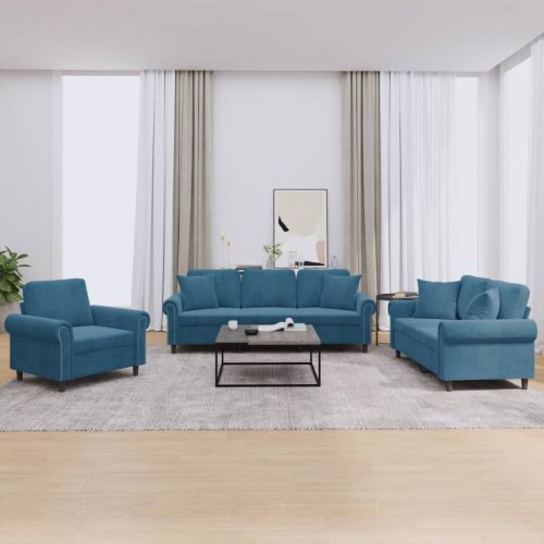 3-dijelni set sofa s jastucima plavi baršunasti