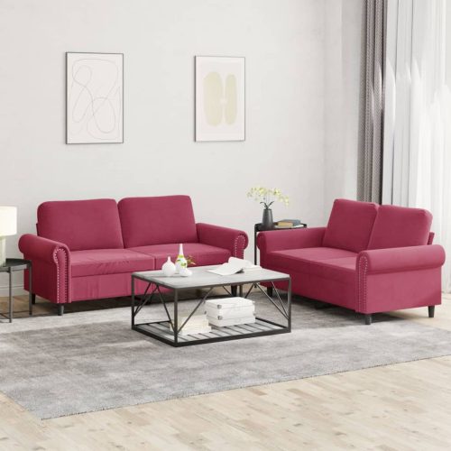 2-dijelni set sofa s jastucima crvena boja vina baršunasti