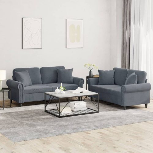 2-dijelni set sofa s jastucima tamnosivi baršunasti