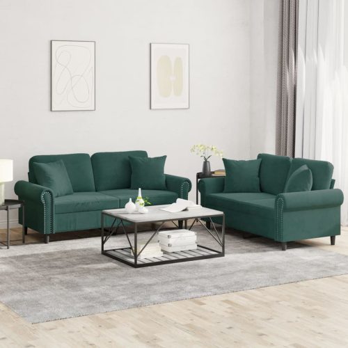 2-dijelni set sofa s jastucima tamnozeleni baršunasti