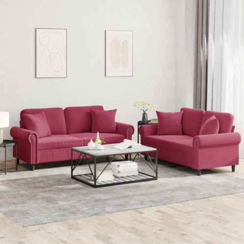 2-dijelni set sofa s jastucima crvena boja vina baršunasti