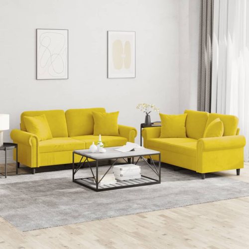 2-dijelni set sofa s jastucima žuti baršunasti