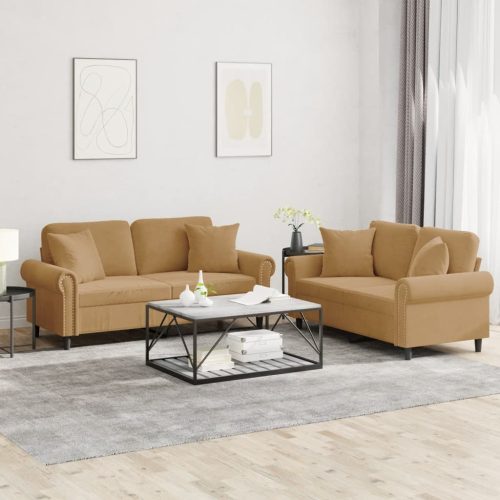 2-dijelni set sofa s jastucima smeđi baršunasti