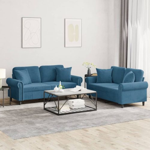 2-dijelni set sofa s jastucima plavi baršunasti