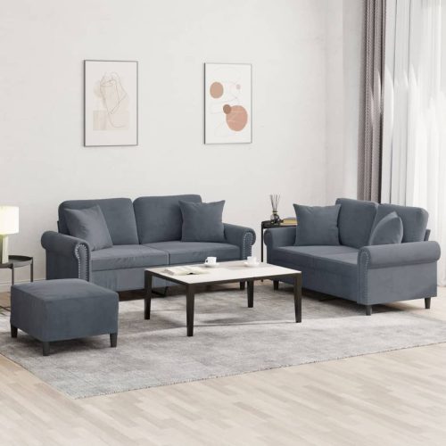 3-dijelni set sofa s jastucima tamnosivi baršunasti