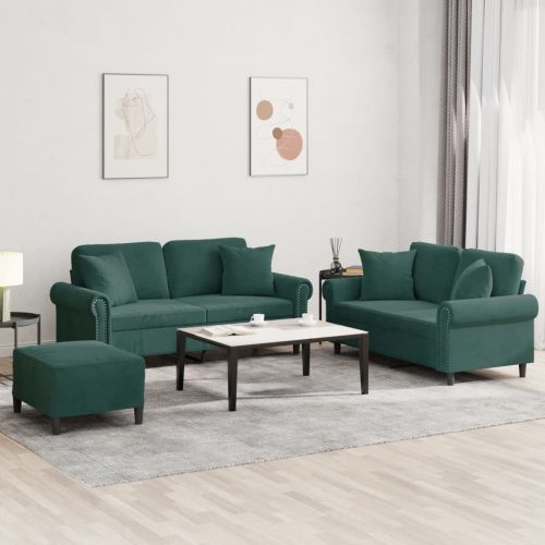 3-dijelni set sofa s jastucima tamnozeleni baršunasti