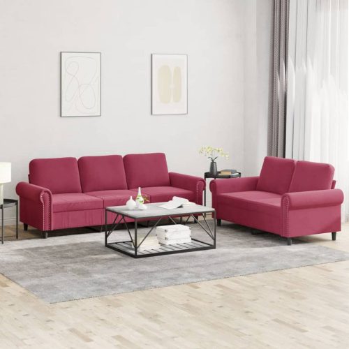 2-dijelni set sofa s jastucima crvena boja vina baršunasti