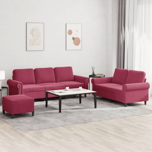 3-dijelni set sofa s jastucima crvena boja vina baršunasti