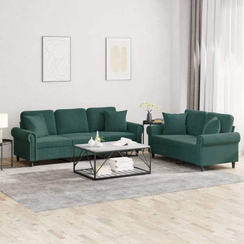 2-dijelni set sofa s jastucima tamnozeleni baršunasti