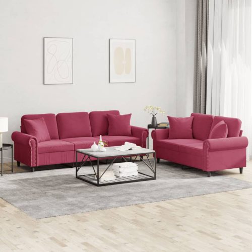 2-dijelni set sofa s jastucima crvena boja vina baršunasti