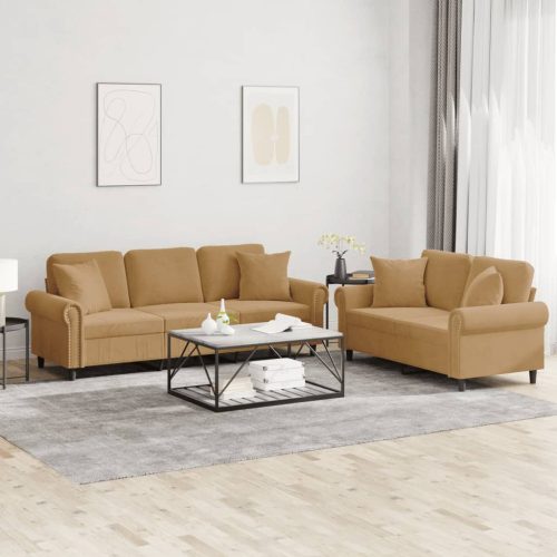 2-dijelni set sofa s jastucima smeđi baršunasti