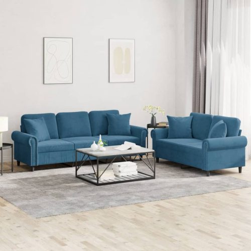 2-dijelni set sofa s jastucima plavi baršunasti