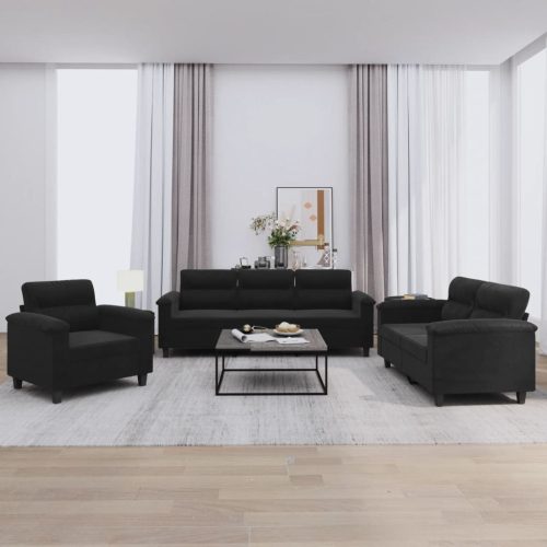 3-dijelni set sofa s jastucima crni od mikrovlakana