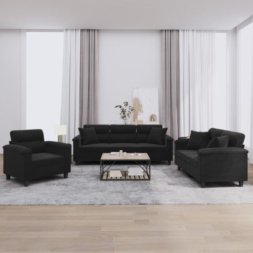 3-dijelni set sofa s jastucima crni od mikrovlakana