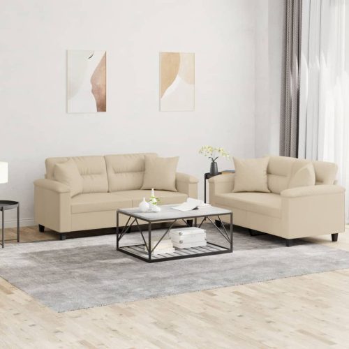 2-dijelni set sofa s jastucima krem od mikrovlakana