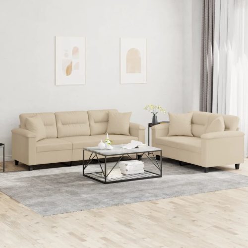 2-dijelni set sofa s jastucima krem od mikrovlakana