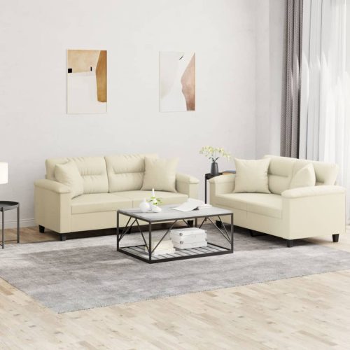 2-dijelni set sofa s jastucima krem od umjetne kože