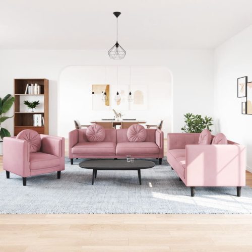 3-dijelni set sofa s jastucima ružičasti baršunasti