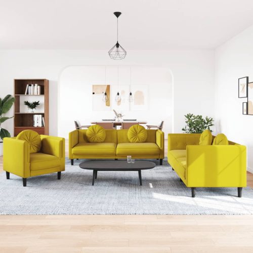 3-dijelni set sofa s jastucima žuti baršunasti