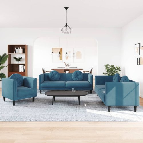 3-dijelni set sofa s jastucima plavi baršunasti