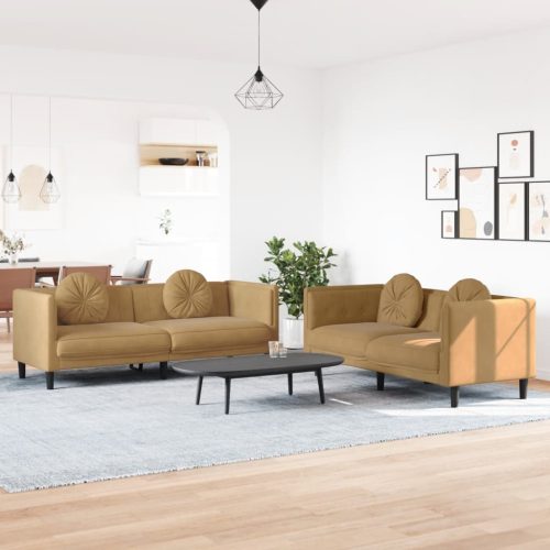 2-dijelni set sofa s jastucima smeđi baršunasti