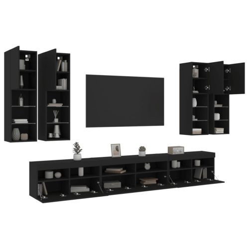 7-dijelni set zidnih TV ormarića s LED svjetlima crni