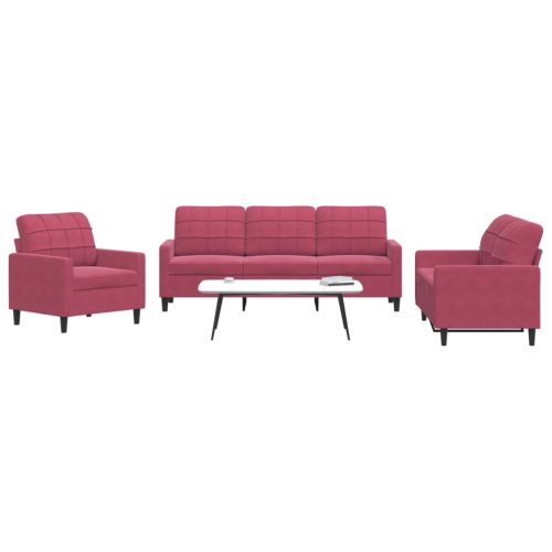 3-dijelni set sofa s jastucima crvena boja vina baršunasti