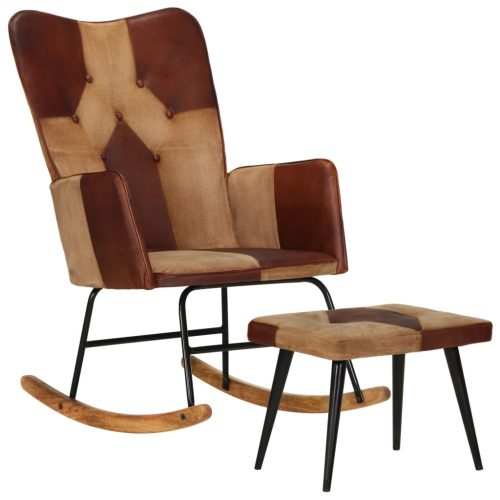Stolica za ljuljanje s tabureom smeđa od prave kože i platna