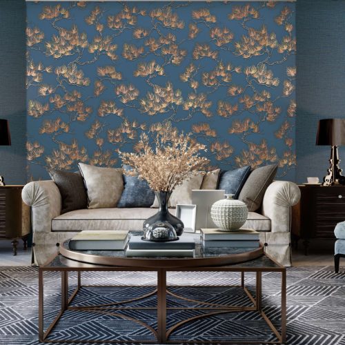 DUTCH WALLCOVERINGS zidna tapeta s uzorkom bora zlatno-plava