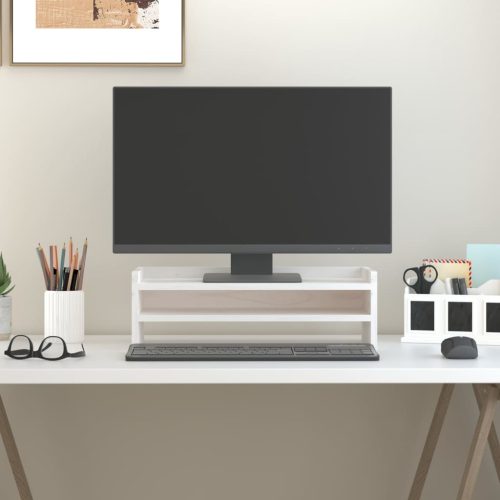 Stalak za monitor bijeli 50 x 24 x 16 cm od masivne borovine
